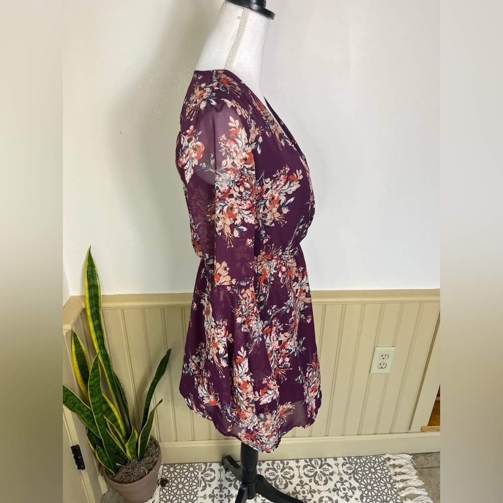 Miami Floral Mini Dress S Purple Bell Sleeve Pockets Boho Fall Wedding Fairycore - Picture 8 of 13